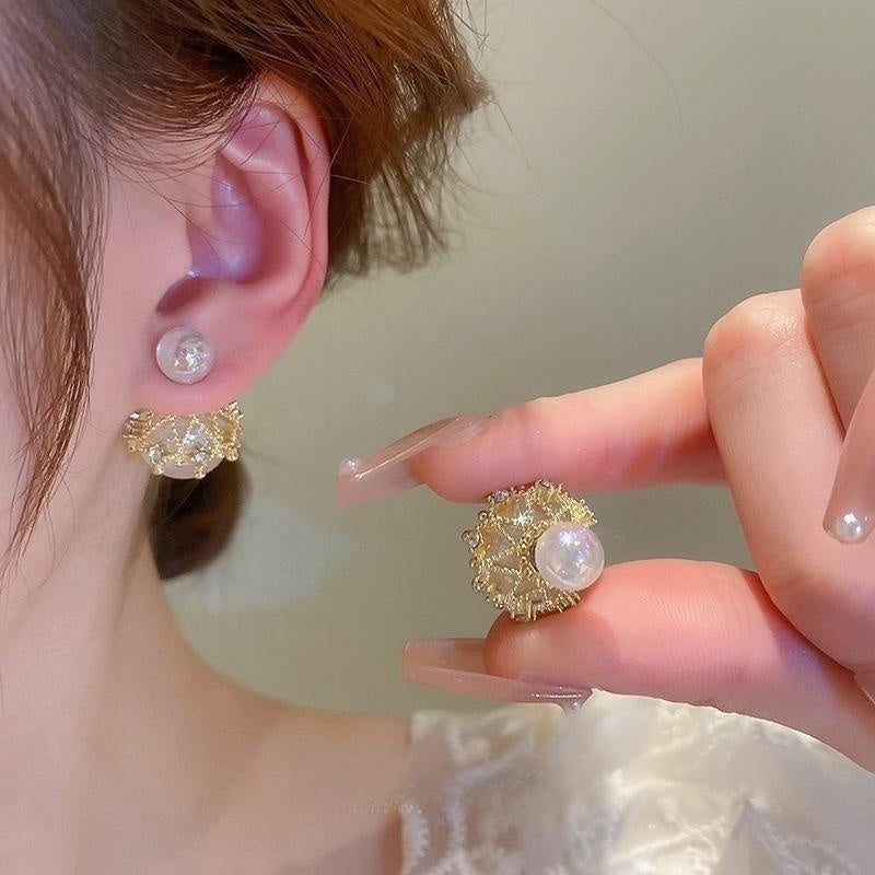 Moonstone Earring Studs 2 Side Opal Earrings Gold Settings and Silver Pin